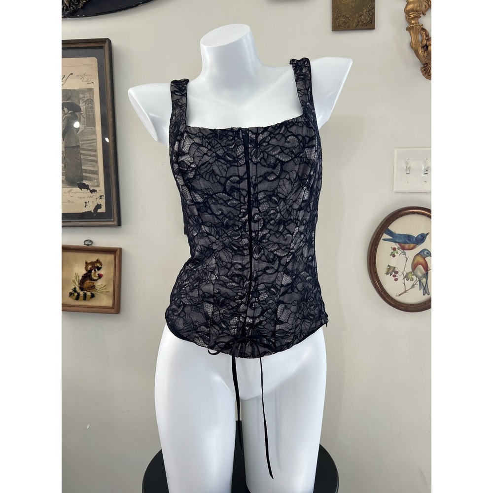 Vintage Black Lace Corset Tank Top Square Neck Sleeveless Size L